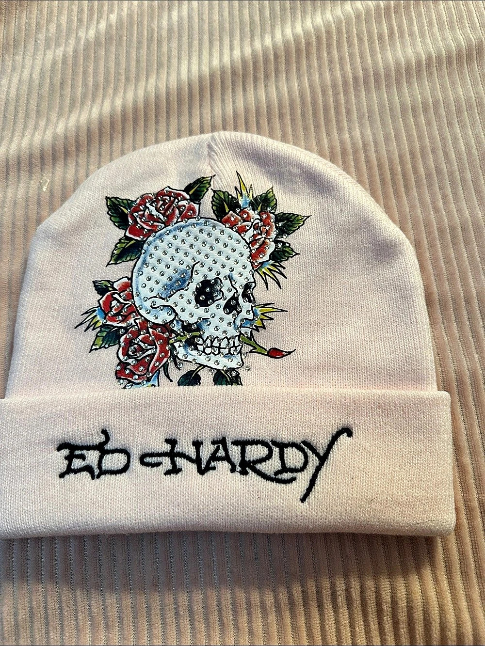 Ed Hardy Skull Rose Graphic Beanie Pink NWOT